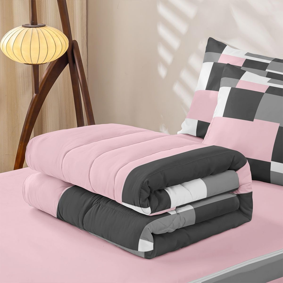 jejeloiu Abstract Zipper Bedding Twin Pink Bedding Sets for Kids Boys Girls Modern Art Comforter Set with Fitted Sheet 2 Pillowcases One Zipper Bed Set for All Seasons