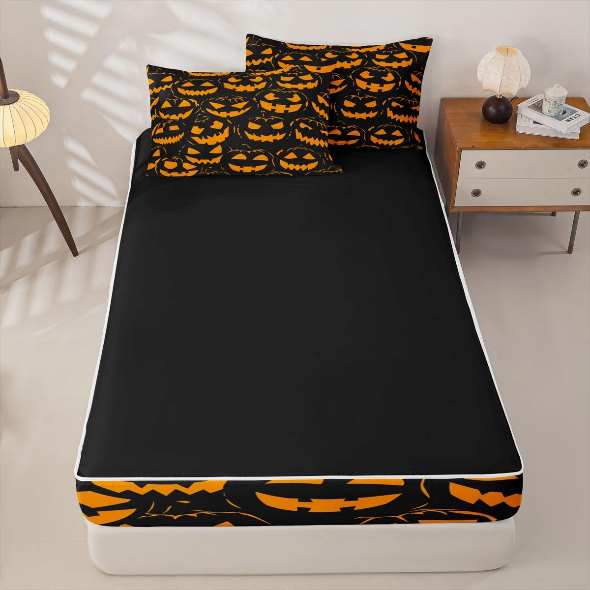 Feelyou Spooky Pumpkin Zipper Bedding Queen Halloween Themed Bedding Sets for Kids Boys Girls Trick or Treat Comforter Set with Fitted Sheet 2 Pillowcases Graveyard One Zipper Bed Set for All Seasons