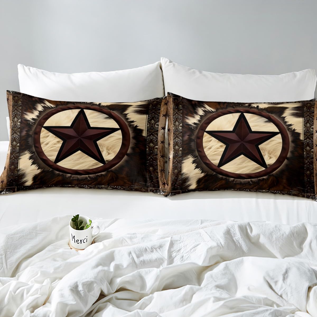 Cow Print Sheet Set Full Size,Retro Cowhide Bed Sheets for Kids Teens Adult,Geometric Western Texas Stars Bedding Set,Rustic Farmhouse Animal Fur Fitted Sheet + Flat Sheet + 2 Pillowcases Wrinkle Free