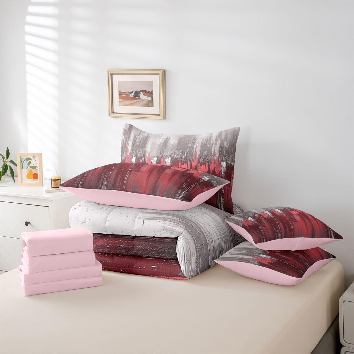 Erosebridal Greyish Gradient 7 Piece Bedding Set Queen White Rosy Comforter Set with Sheets Chic Abstract Art Graffiti Modern Bed in a Bag Farmhouse Ombre Vintage Retro for Teens Men Women
