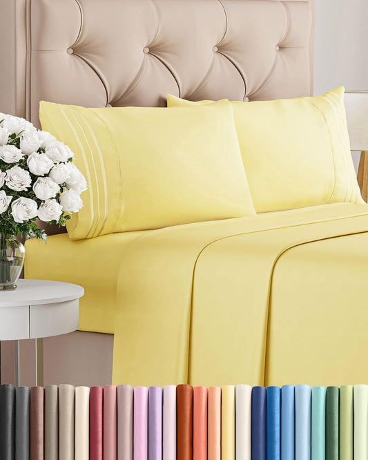 Queen Size 4 Piece Sheet Set - Comfy Breathable & Cooling Sheets - Hotel Luxury Bed Sheets for Women & Men - Deep Pockets, Easy-Fit, Extra Soft & Wrinkle Free Sheets - Yellow Oeko-Tex Bed Sheet Set