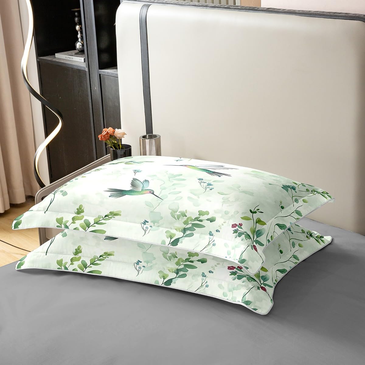 Erosebridal Abstract Grass Green Leaf Full 100% Cotton Duvet Cover, Turquoise Hummingbird Bedding Set, Mint Green Boho Bedclothes, Watercolor Botanical Aesthetic Comforter Cover