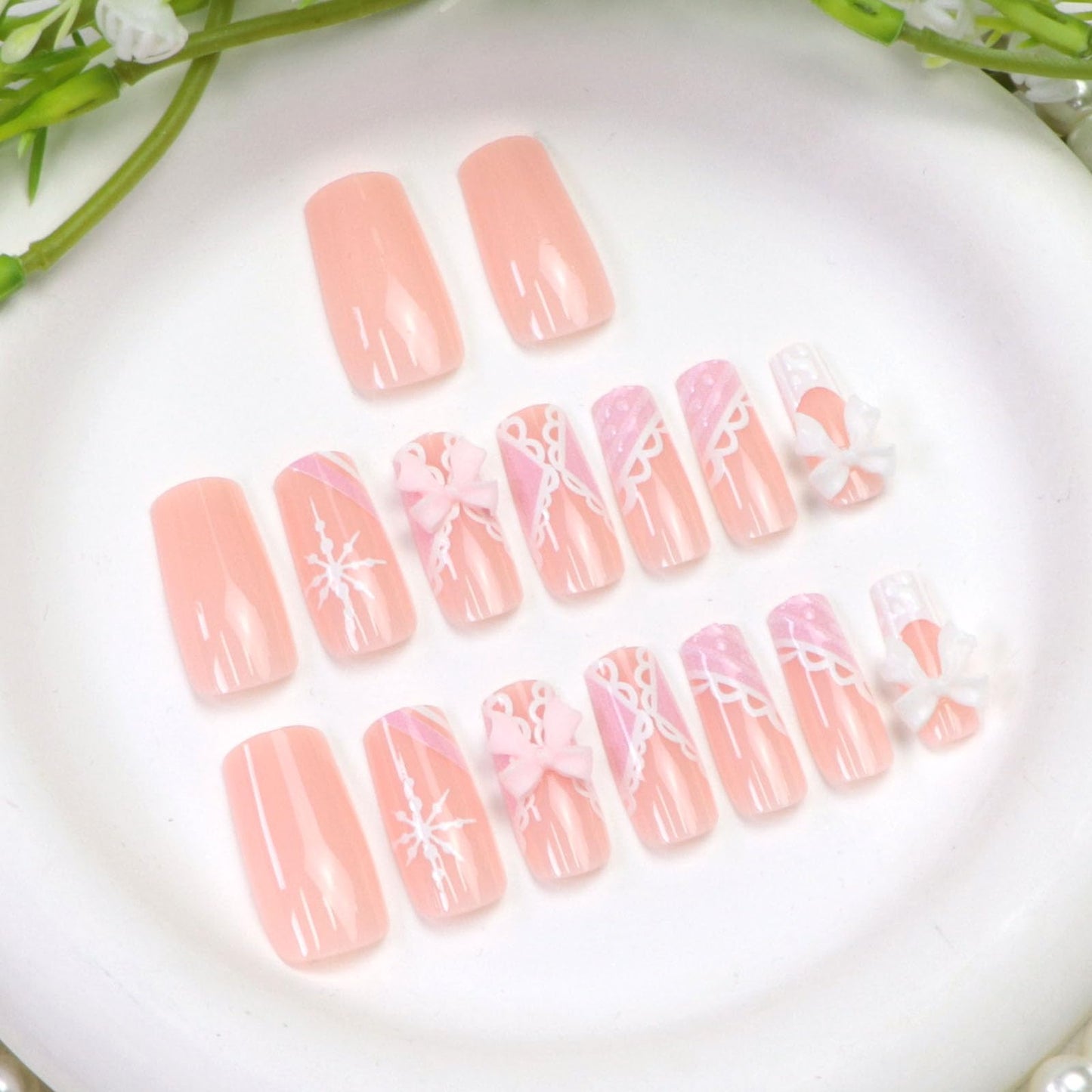 White French Tip Press on Nails Medium Square Fake Nails Winter Nails Press ons with 3D Bow Snowflakes Designs Pink Acrylic Nails for Women 24Pcs