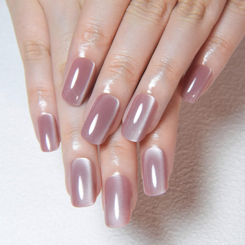 evpct Mauve Pink Cat Eye Press on Nails Medium Square No Glue, Medium Square Press Stick on Nails Chrome for Women Gift, Mauve Holographic Glitter Glossy Reusable Acrylic Fake Nail with Cateye Designs