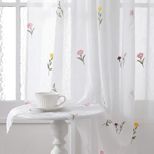 Tegeme 2 Panels Embroidered Sheer Floral Curtains for Girl Bedroom 84 Inches Long White Wildflowers Voile Tulle Cottagecore Linen Semi Window Decor for Bedroom Living Room Nursery