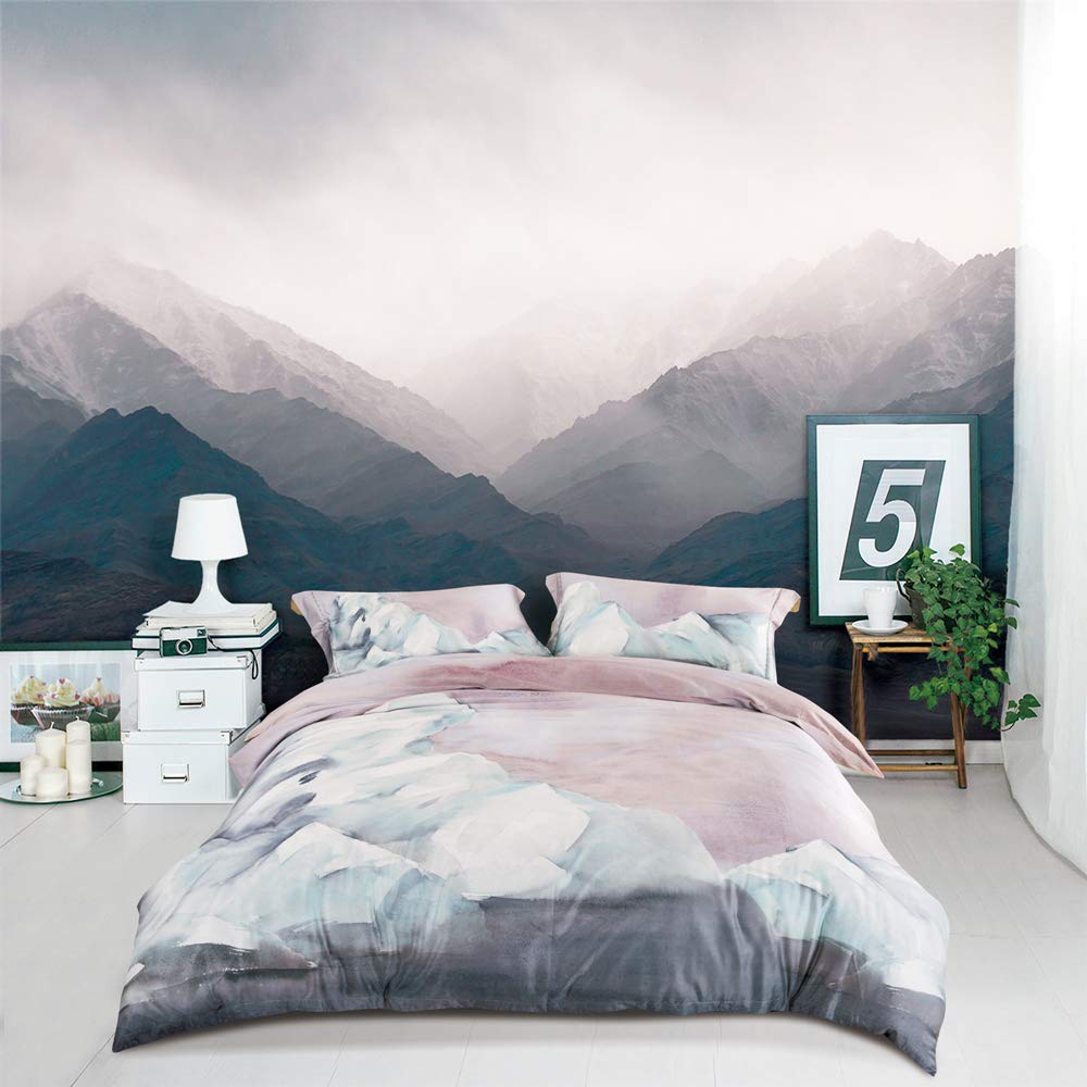 MILDLY 100% Long-Staple Cotton Duvet Cover Queen, Gray Pink Marble Pattern Comforter Cover Set 500TC Watercolor Abstract Reversible Soft & Breathable