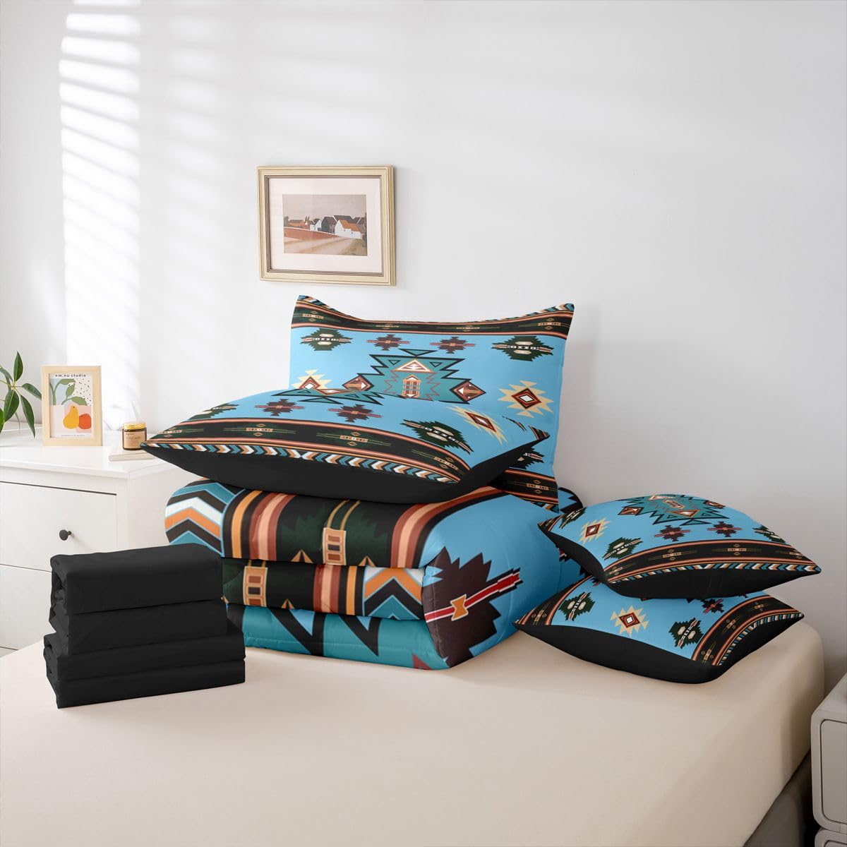 Erosebridal Western Comforter Set 7-Piece Bed in a Bag Twin | Southwest Native Geometric Bedding Sets Exotic Nordic Style Aztec Comforter and Sheet Set, Sriped Diamond Triangle Room Decor,Cyan