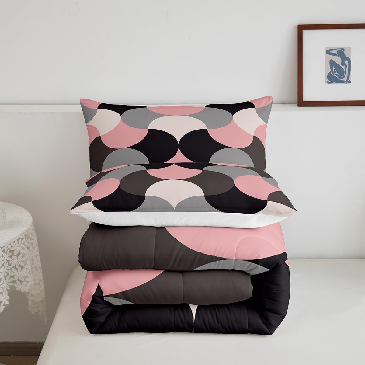 Feelyou Geometric Print Bedding Set Geometric Pink Grey Black Comforter Set for Kids Boys Girls Teens Decor Modern Art Comforter Luxury Abstract Art Duvet Set Queen Size 3Pcs Quilt Set