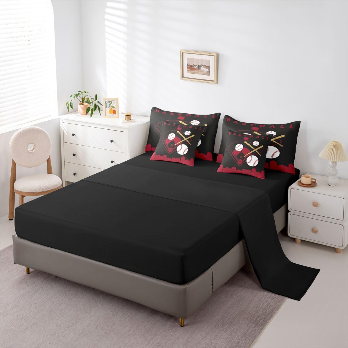 Erosebridal Baseball 7 Piece Bed in A Bag Full Size Softball Sports Boys Comforter Set Cover Baseball Bat Bedding Set for Kids Teens Adult Men City Building Black Red Sheet Sets