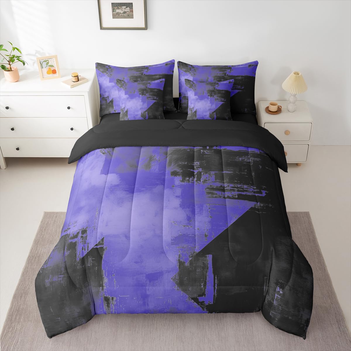 Feelyou Abstract Comforter Set King Size 7 Pieces Modern Abstract Art Bedding Set Luxury Bed in a Bag with Comforter, Sheets, Pillowcases, Cushion Covers Geometric Bedroom Decor Royal Blue