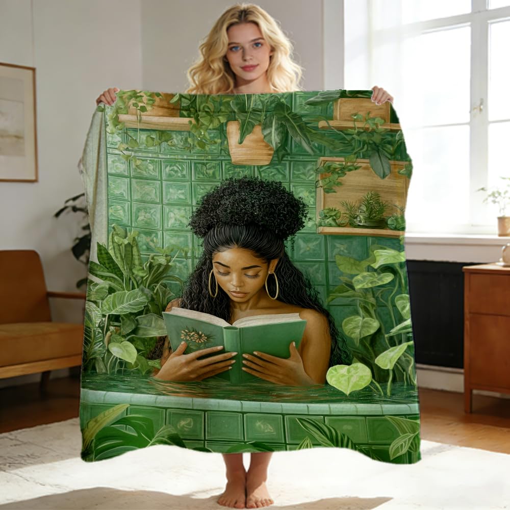 ZHOUSHUTONG Black Girl Reading Book in Bathtub Flannel Throw Blanket, Cozy Warm African American Women Blankets, Lightweight Fuzzy Soft Green Botanical Flannel Blanket for Couch Bed Sofa 49"x59"
