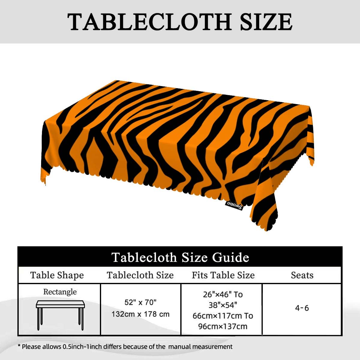 Swono Tiger Print Tablecloth African Animal Tiger Skin Orange Black Stripe Decorative Table Cover for Kitchen, Party Banquet and Holiday Tablecloth, 52x70 Inch(4-6 Seats)