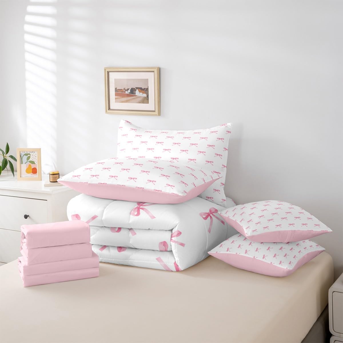 Erosebridal 7 Pieces Pink Bow Comforter King,Kids Cartoon Bowknot Butterfly Knot Princess Bedding Set for Girls,Dreamy Watercolor Ribbons Bow Tie Sheets with Pillowcases + Pillow Covers,Pink White