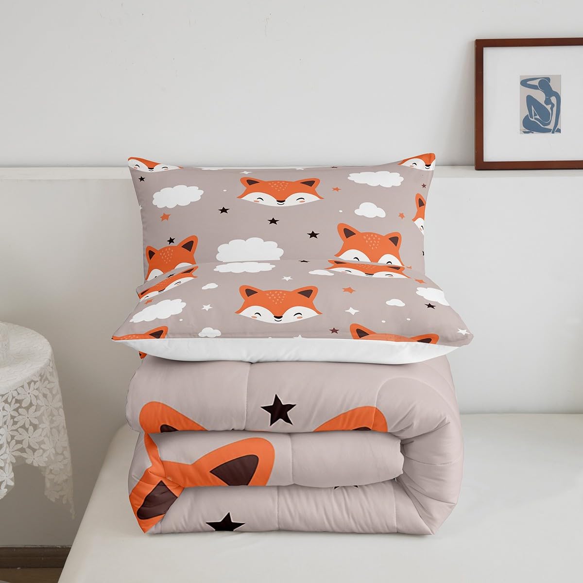 Feelyou Cute Fox Comforter Set Twin Size Kids Cartoon Fox Bedding Set for Boys Girls Teens Animal Star Cloud Comforter Breathable Woodland Fox Duvet Set Nature Wildlife Quilt Set