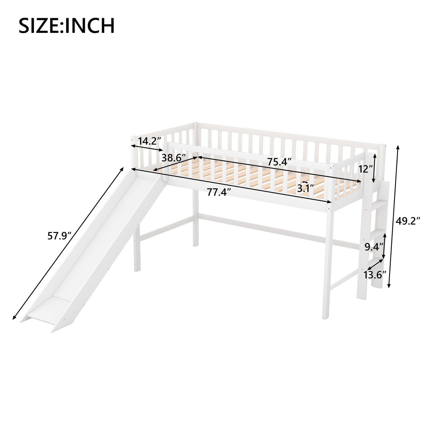 Bellemave Twin Size Low Loft Bed with Slide,Kids Loft Bed with Ladder,Wood Kids Loft Bed Twin Size for Girls Boys,White