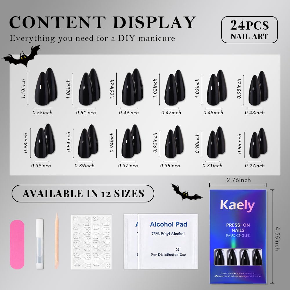 evpct Black Glossy Press on Nails Medium Almond, Glossy Black Fake Nails False Nail Pure Color with Kit, Salon Quality Soft Gel Stick on Acrylic False Soft Nails Reusable Full Cover for Women Manicure