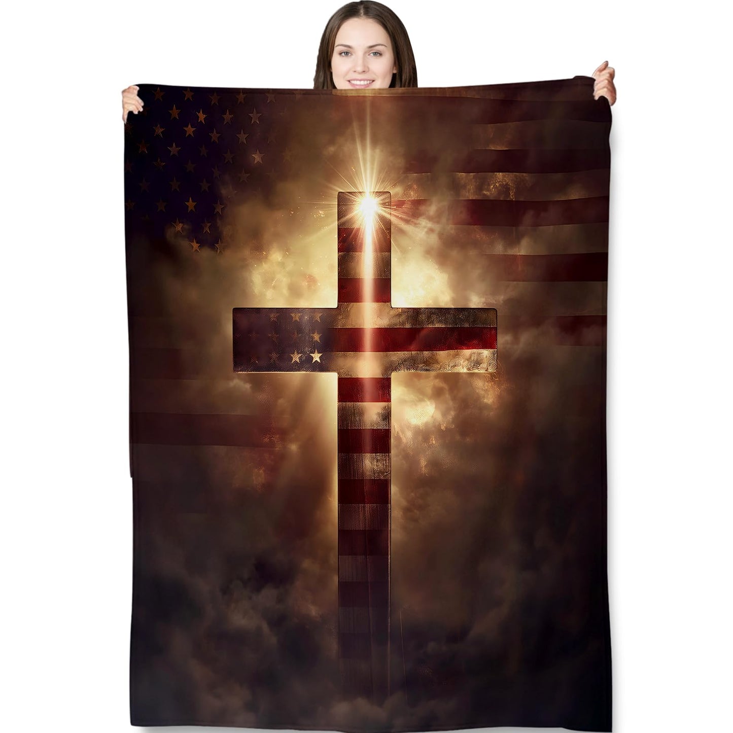 Turamurra American Flag Cross Throw Blanket 60"x80", Patriotic Blankets for Living Room Bedroom Decor, Warm Flannel Plush Gifts for Veterans Adults Kids
