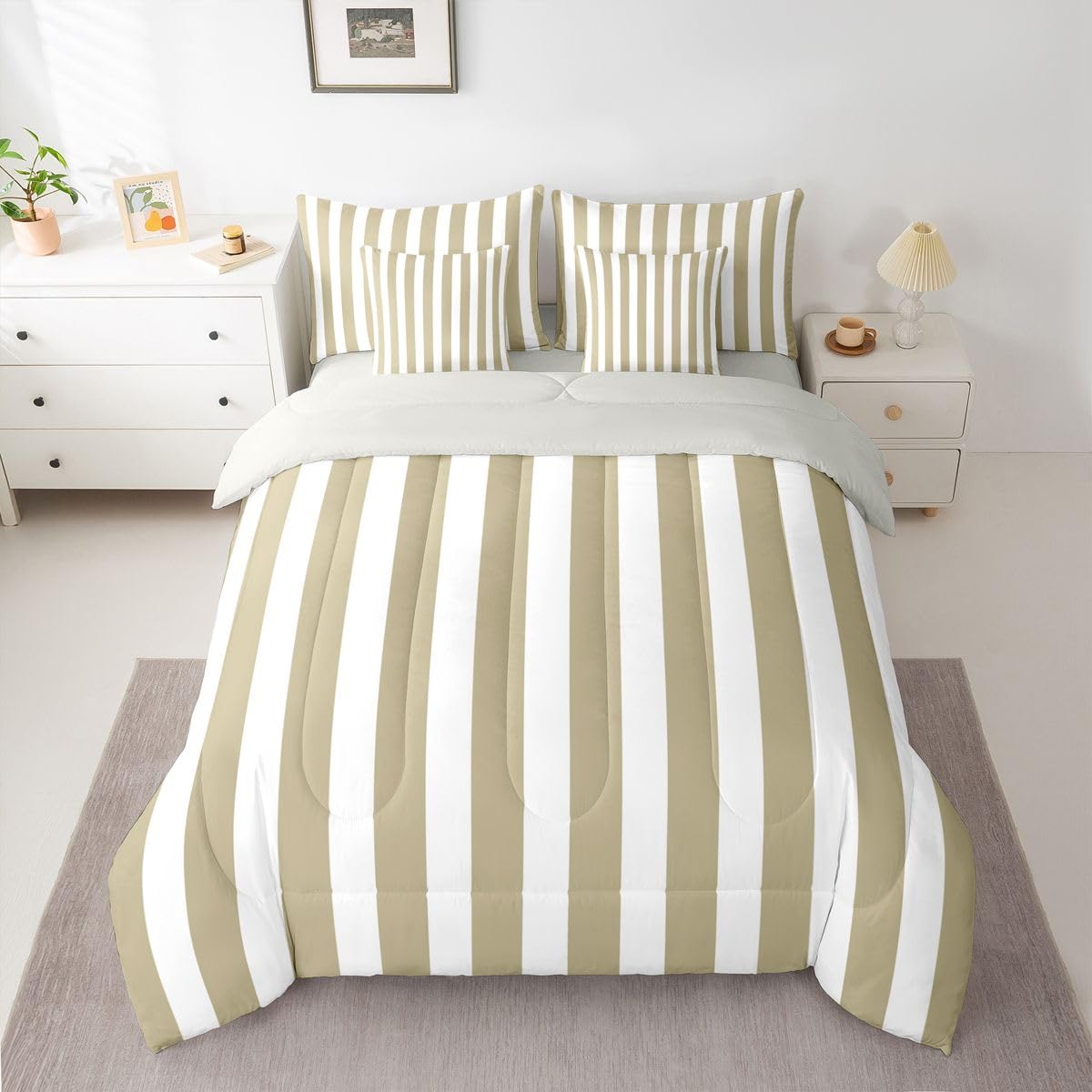 Erosebridal Beige and White Striped King 7-Piece Comforter Set Khaki Modern Abstract Striped Bedding Set with Sheets for Kids Teens Adults - Pinstripe Geometric Bed in a Bag Modern Trendy Bed Sets