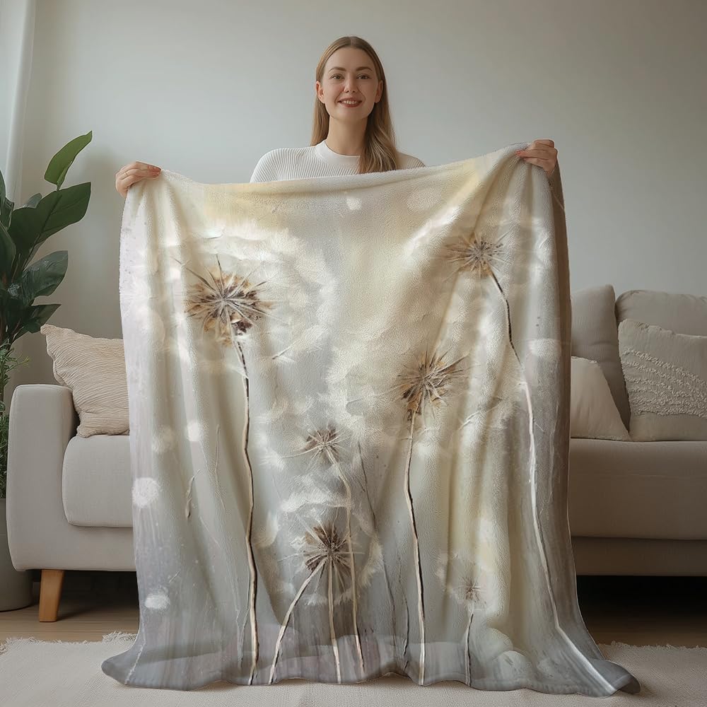 HUNXIAOJ Dandelion Throw Blanket Floral Print Blanket Dandelion Bedding Flower Throw Warm Soft Flannel for Girls Boys Woman Adults Bed Sofa Couch (60 in x 80 in)