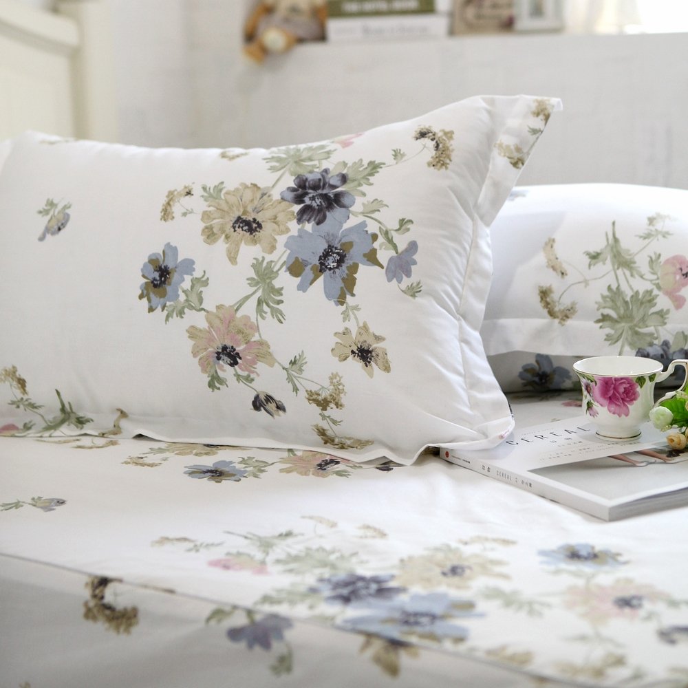 FADFAY 4-Piece Shabby White Floral Bed Sheet Set Cotton Bed Sheets, King