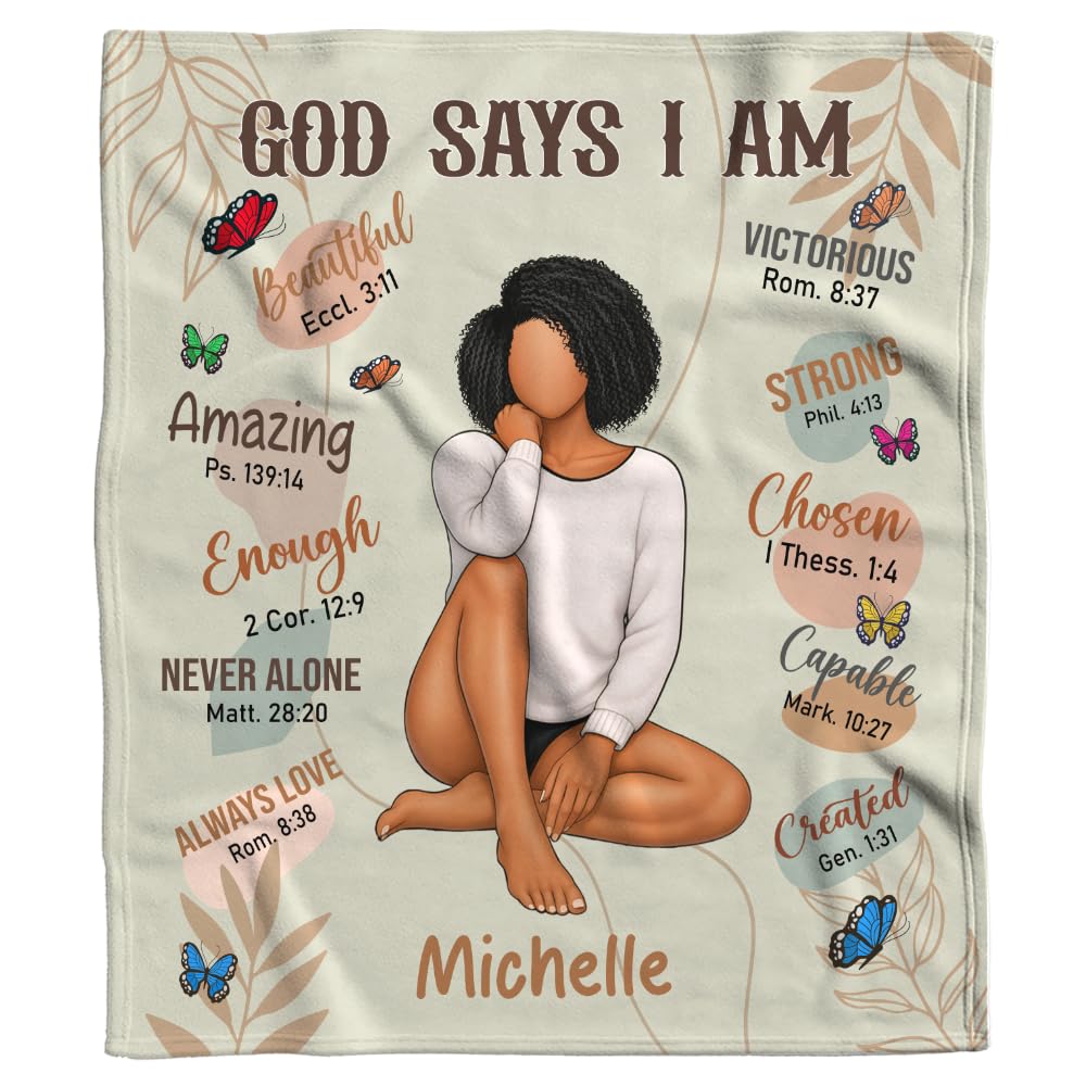 CAPOZEN Personalized God Says I AM Blanket – Custom Name African Inspirational Christian Throw Blankets Gifts for Queen Girl Black Women (Style #2)