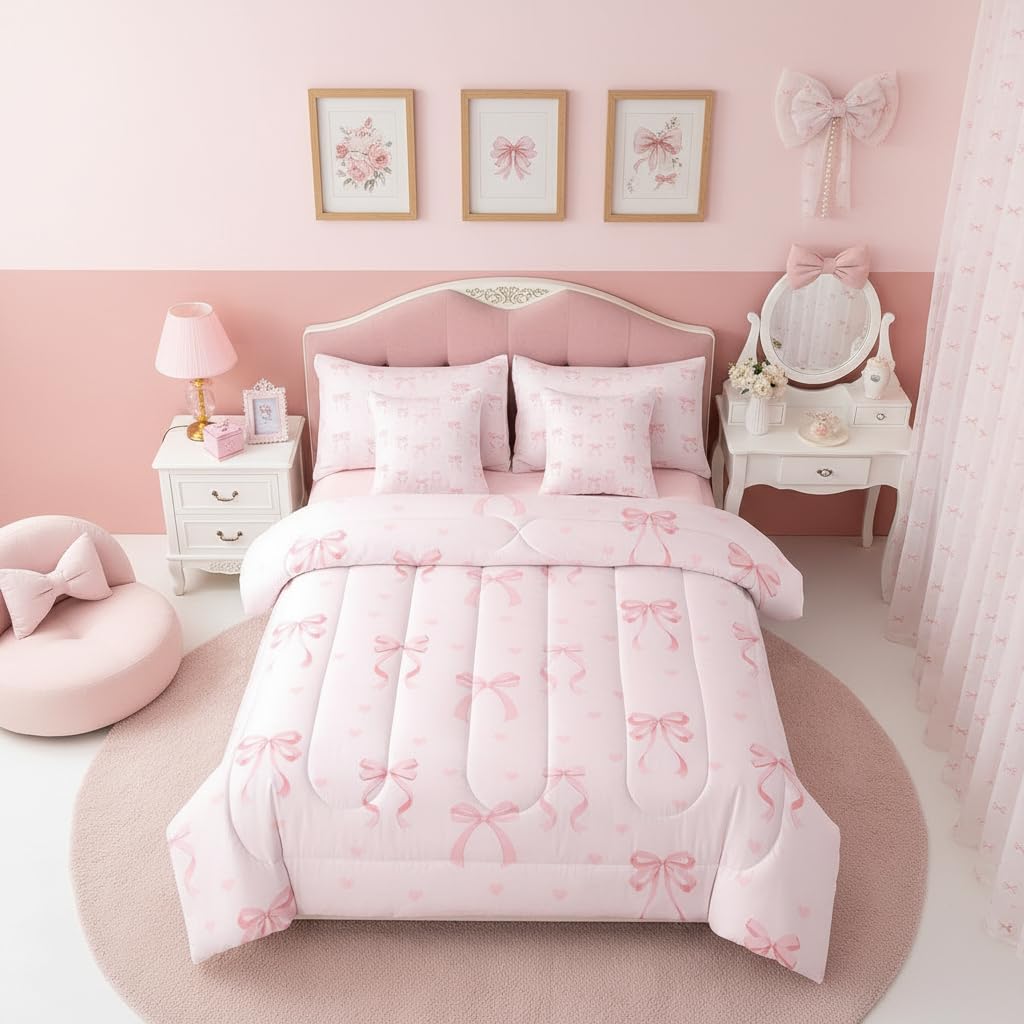 Erosebridal Pink Bow Comforter Set Princess Bowknot Bed in A Bag Full Size 7 Pieces Girly Pink Bows Bed Set Room Decor Ribbon Bow Knot Bedding with Sheets