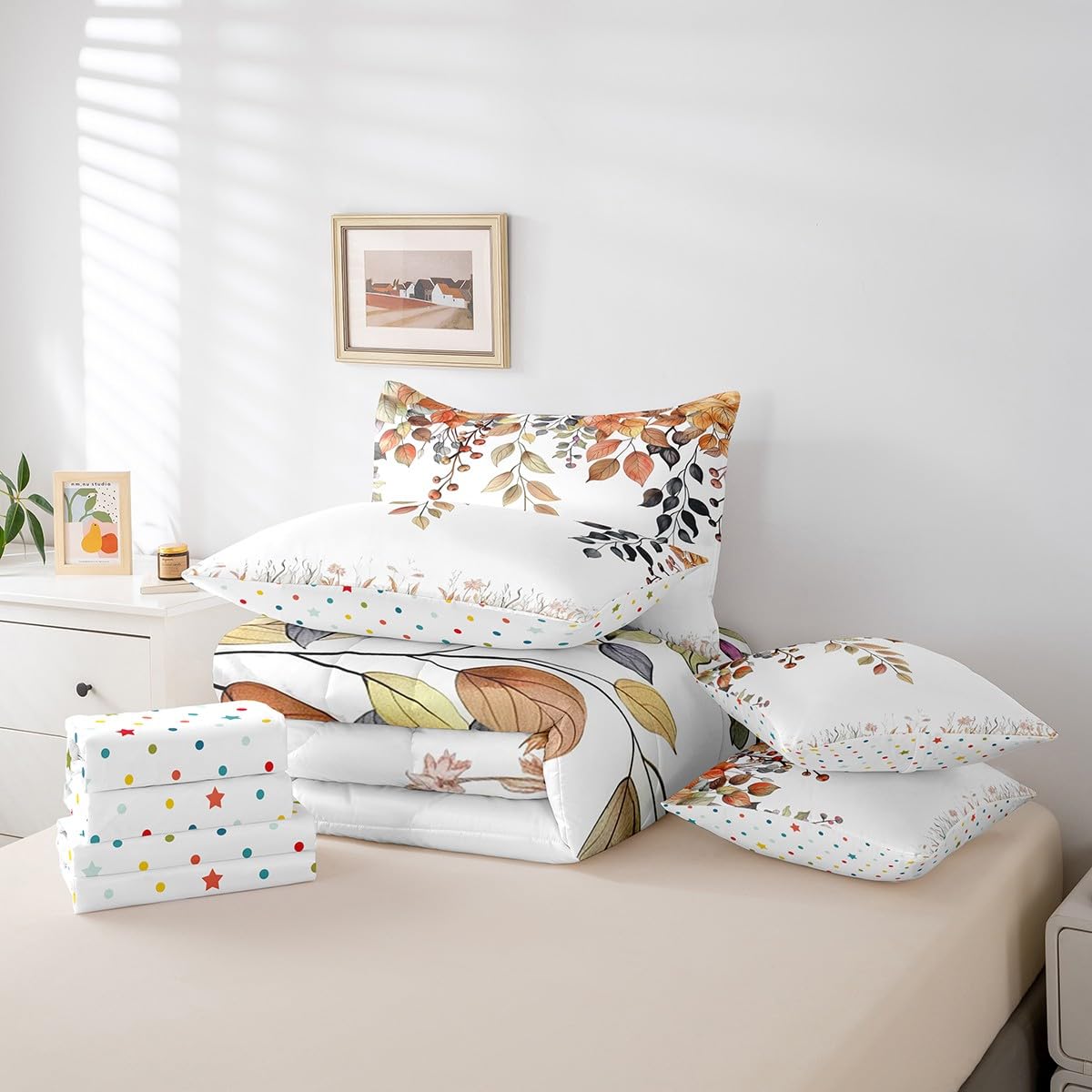 Erosebridal Eucalyptus Leaves Comforter Set Full Size,Oil Painting Trees Leaf Bedding Set for Kids Teens,Fall Leaves (Comforter+Fitted+Flat Sheet+2 Pillowcases+2 Throw Pillow Covers) 7 Pieces Bed Set