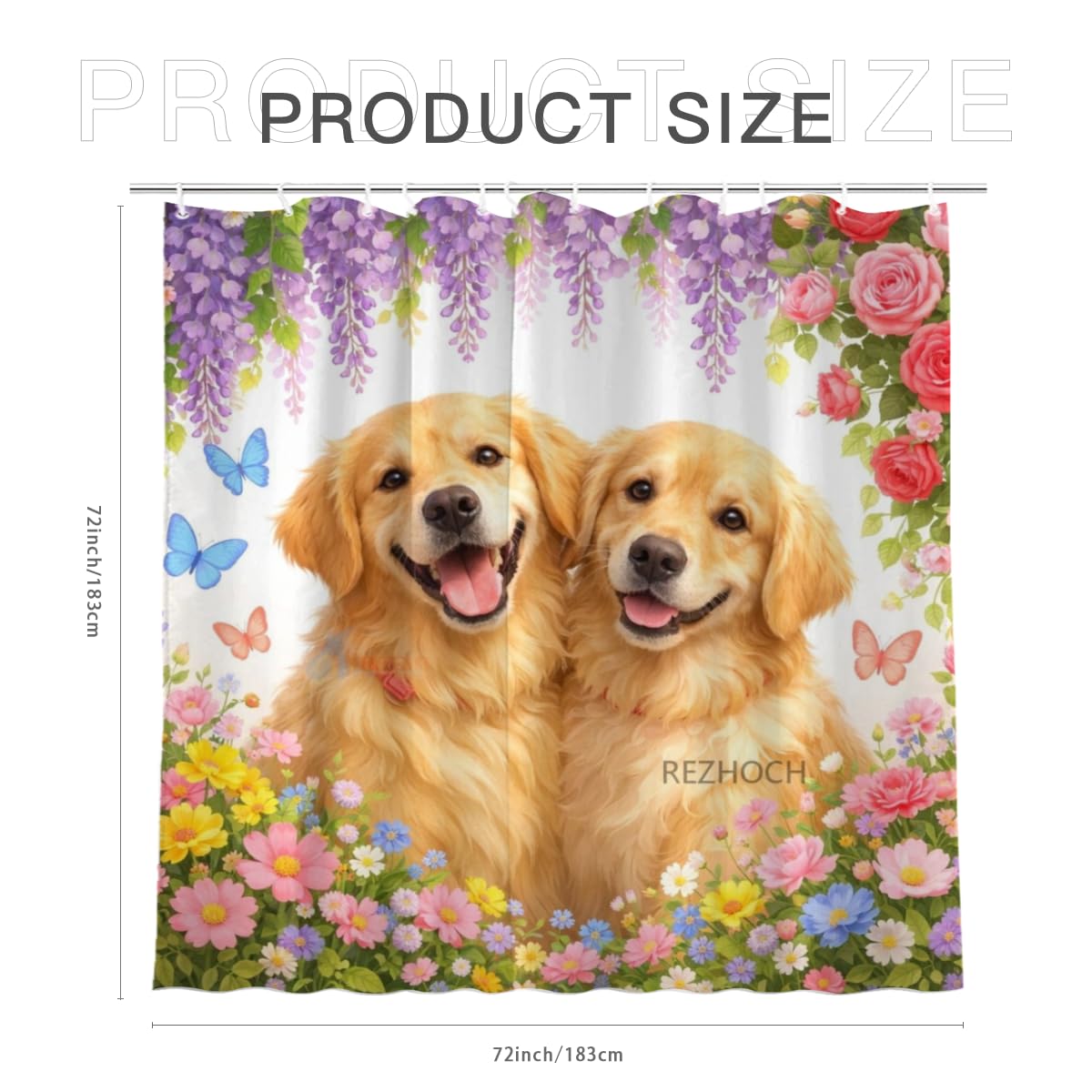 REZHOCH Fun Golden Retriever Shower Curtain 72x72 Inch,Floral Dog Bathroom Decor Spring Summer Garden Flowers Wisteria Rose Butterfly,Cute Animal Waterproof Fabric Bath Set with Hooks