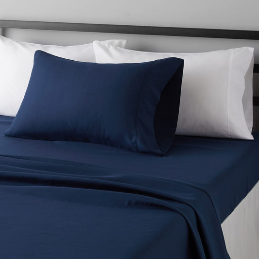 Amazon Basics Lightweight Super Soft Wrinkle-Free Breathable Brushed Microfiber 3-Piece Fitted Sheet Set with 14-Inch Deep Pockets, Twin XL, Navy Blue, Solid