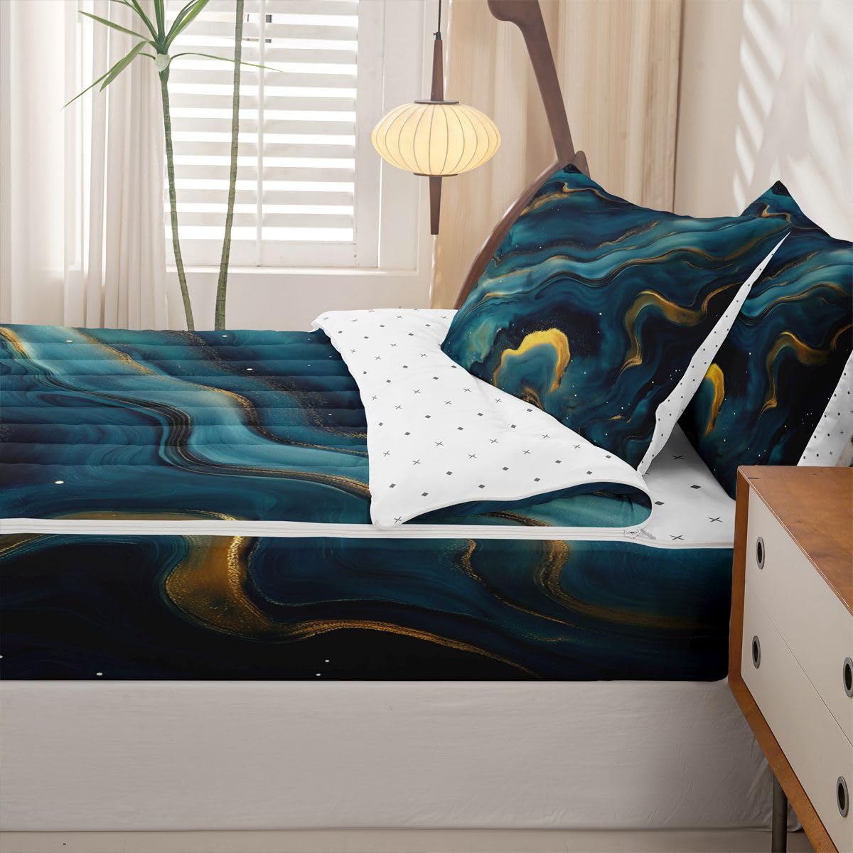jejeloiu Blue Marble Print Zipper Bedding Twin Abstract Bedding Sets for Kids Boys Girls Deep Ocean Wave Texture Comforter Set with Fitted Sheet 2 Pillowcases One Zipper Bed Set for All Seasons