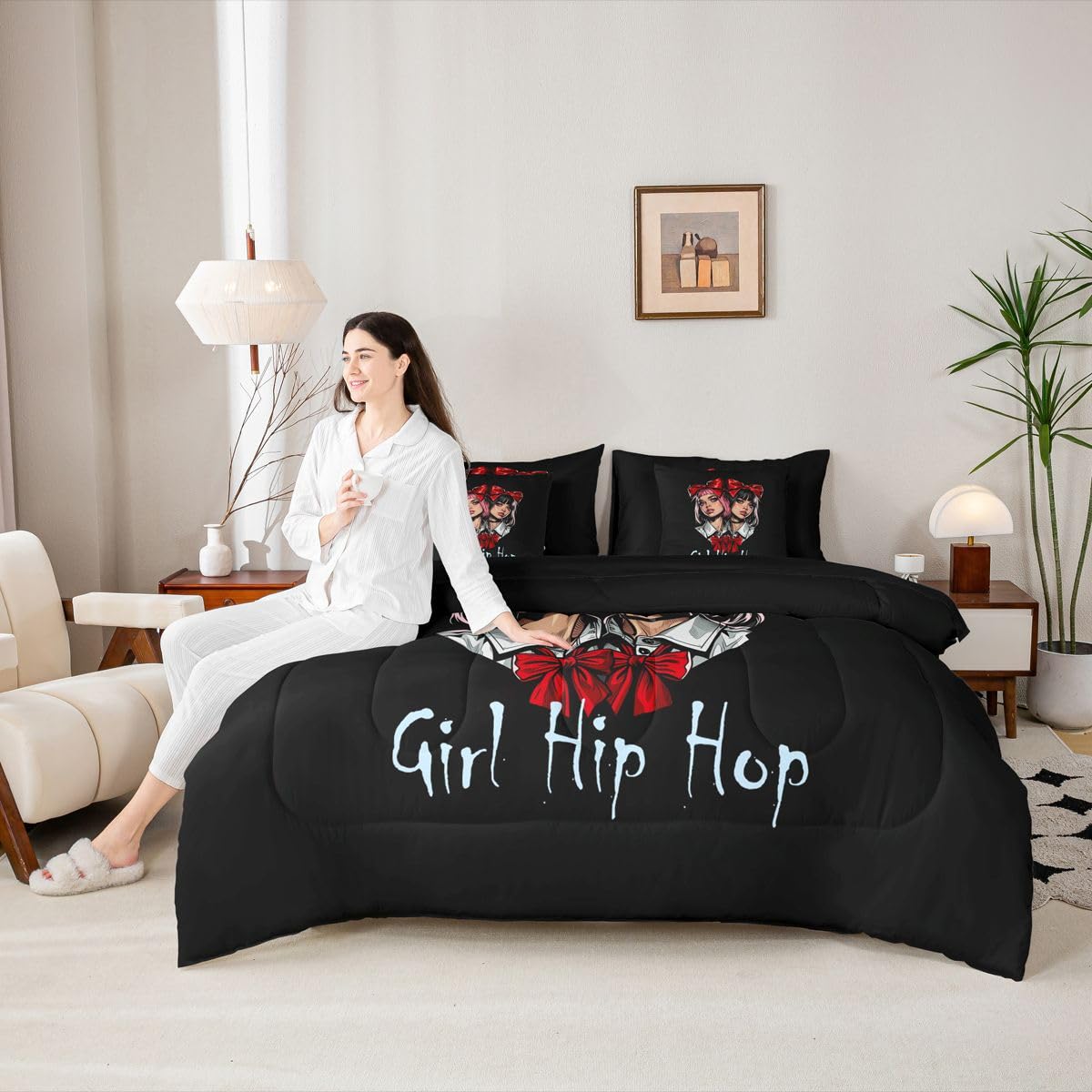 Erosebridal Cute Hip Hop Girl Twin Size Bedding Set Teens Women Red Bowtie 7 Pieces Comforter Set with Sheets Sweet Pink & Black Hair Anime Girls Bed in a Bag Funky Art Bed Sets