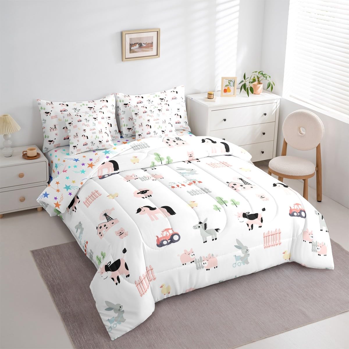 Erosebridal Cartoon Animals 7 Piece Bedding Set King Farm Comforter Set with Sheets Sheep Horse Rabbit Donkey Windmill Bed in a Bag Cow Tractor Duck Dog Pig for Kids Boys Girls
