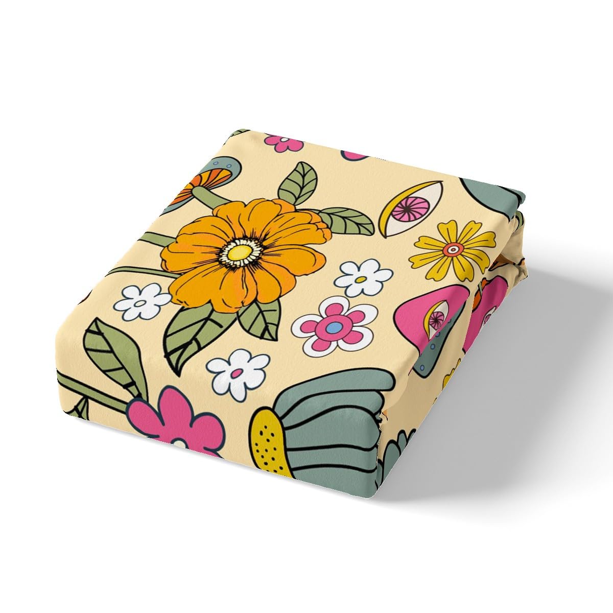70s Retro Floral Bed Sheet Set Twin Size,Hippie Flowers Leaves Bedding Decor Set with 1 Flat & 1 Fitted Sheet Cartoon Eyes Mushroom with 1 Pillow Sham for Kids Boys Bedroom Decor