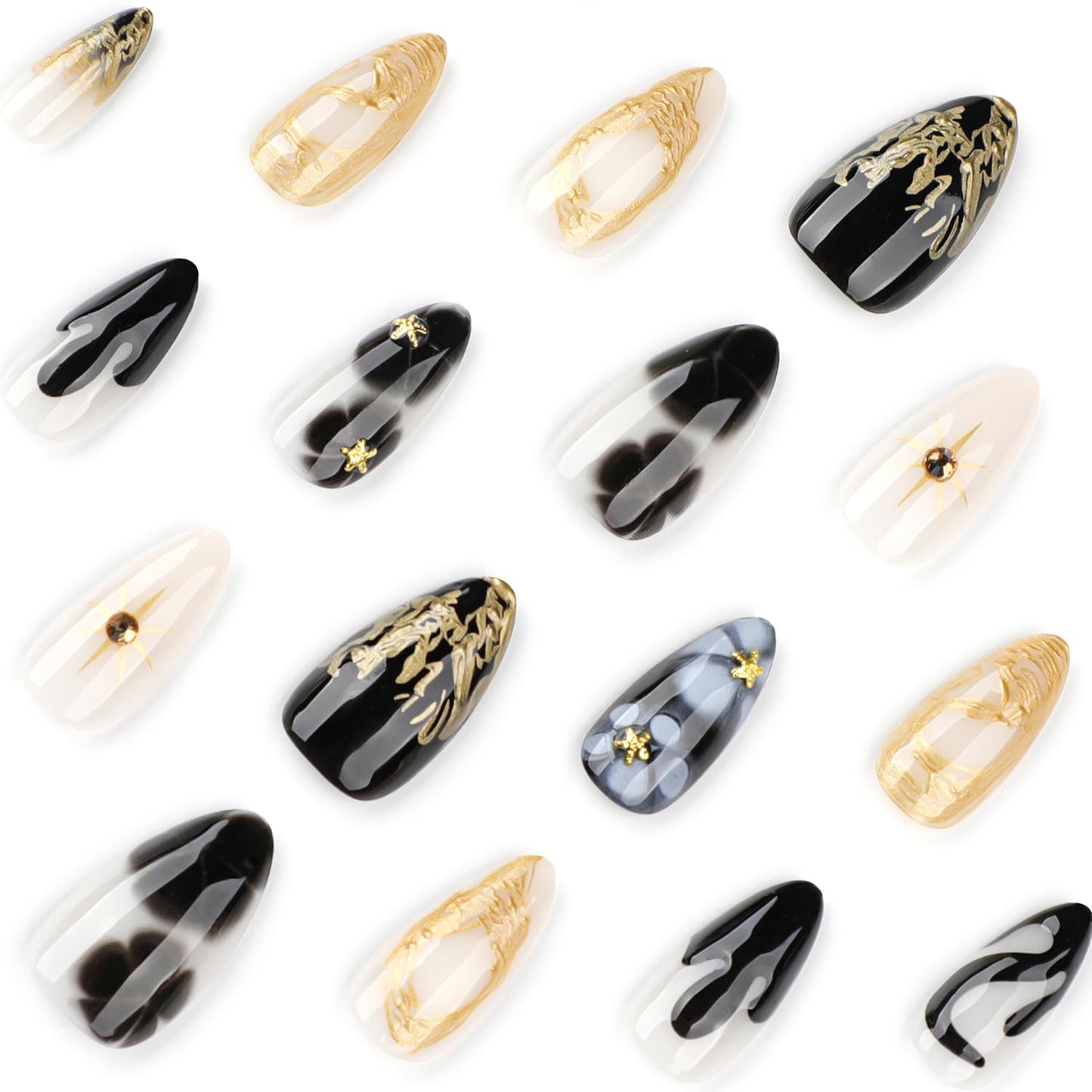 Black Press on Nails Short Almond Fake Nails with 3D Star Rhinestones Gold Stripes Designs Glossy Flowers Glue on Nail Reusable Artificial Acrylic Full Cover Stick on False Nail for Women 24Pcs