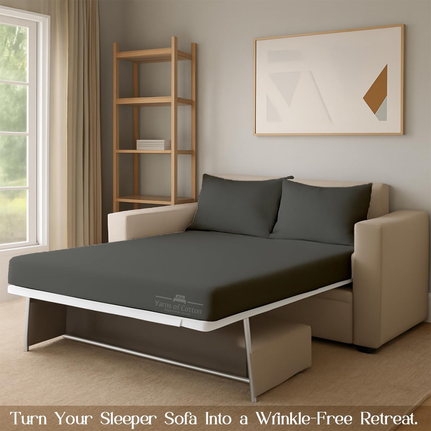 Sleeper Sofa Bed Sheet, 100% Cotton 400 Thread Count, 4 Piece Set, Deep Pocket Fitted Sheet, Soft Wrinkle Free & Breathable, Luxury Hotel Quality, Fits Up to 6 Inch Mattress (Full, Dark Grey)