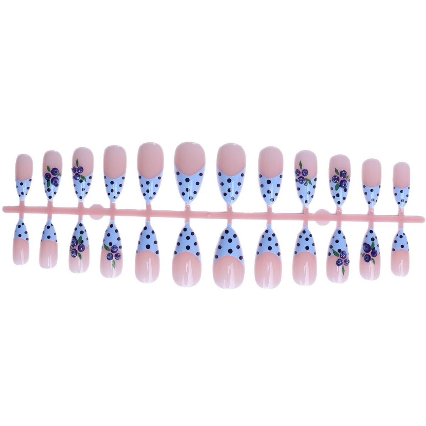 octoswave Almond Press on Nails Long 3D Blueberry French Tip Fake Nails Blue Polka Dot Glossy False Nails for Women and Girls 24Pcs