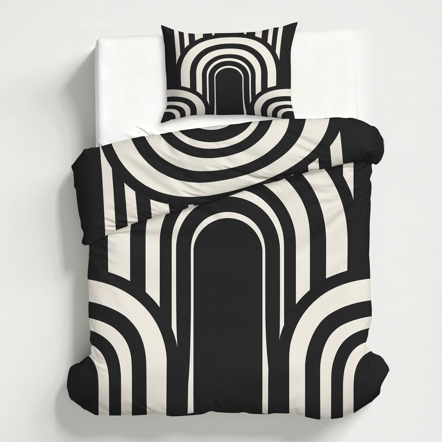 Mid Century Modern Duvet Cover Twin Size, Boho MCM Bedding Set 2 pcs with 1 Pillow Cover, Black and White Geoemtric Bedroom Decor, Soft Microfiber Reversible, Zipper & Ties KJJT 106