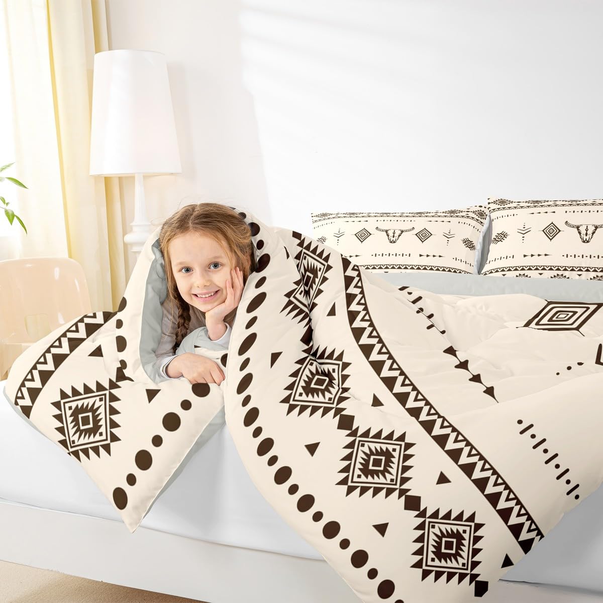 Erosebridal Bull Skull Twin Size Comforter Set, Western Cowboy Bedding Set for Boys Girls Men Room Decor, Southwestern Native Quilt, Boho Aztec Ethnic Horns Duvet Insert, 1 Pillow Case