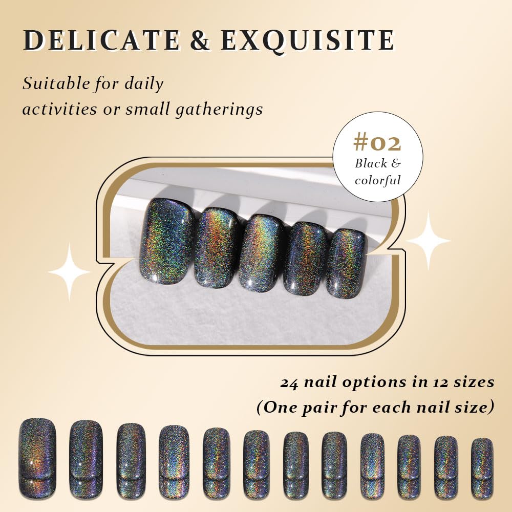 evpct Black Chrome Metallic Cat Eye Press on Nails Medium Square No Glue, Stick on Nails Medium Square for Women, Black Metallic Nail press ons, Iridescent Glitter Halloween Acrylic Fake Press on Nail
