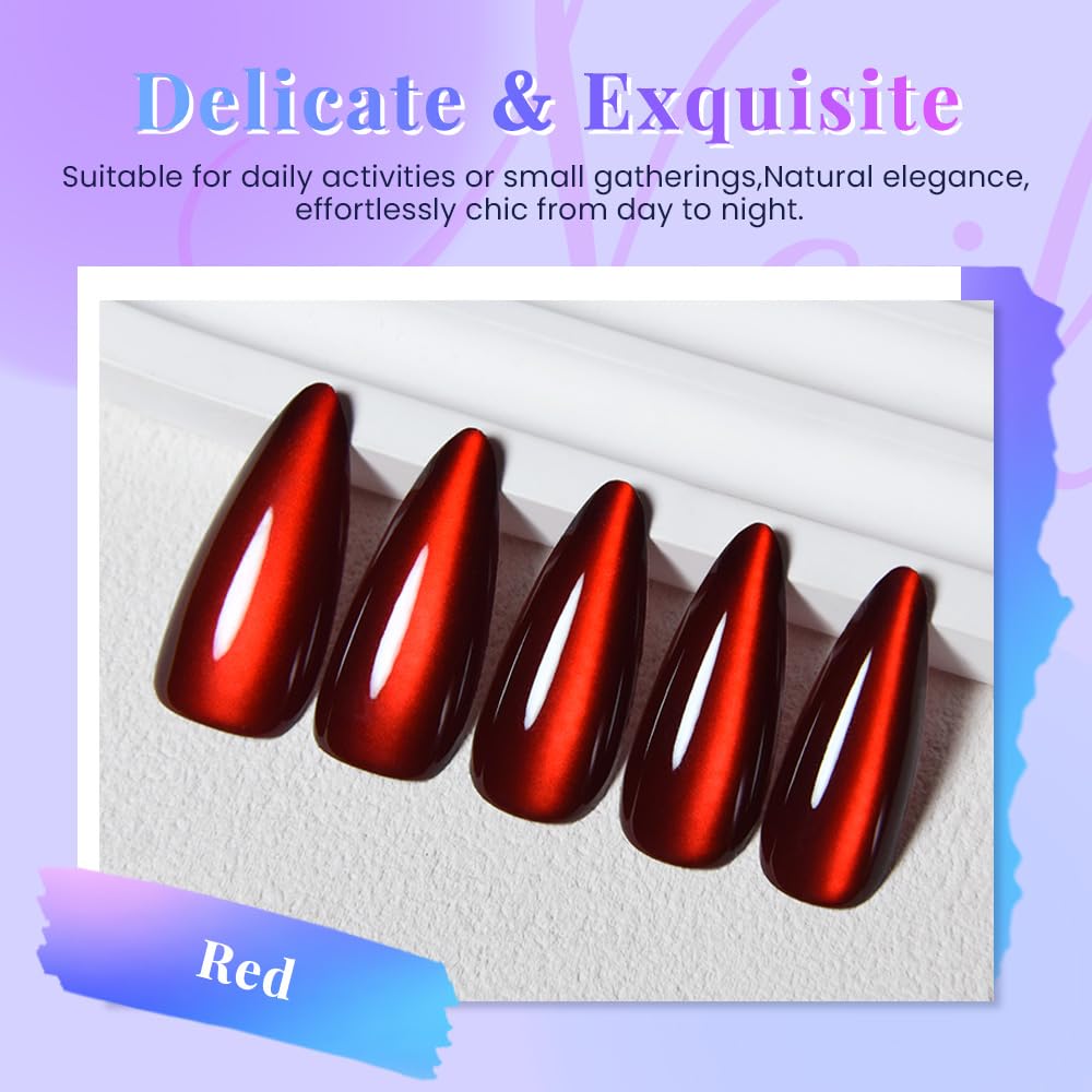 evpct Dark Red Cat Eye Press on Nails Almond Long No Glue, Soft Stick on Nail Long Almond for Women Gift, Bloond Red Metallic Glitter Soft Reusable Full Cover Press on Acrylic Fake Nail with Designs