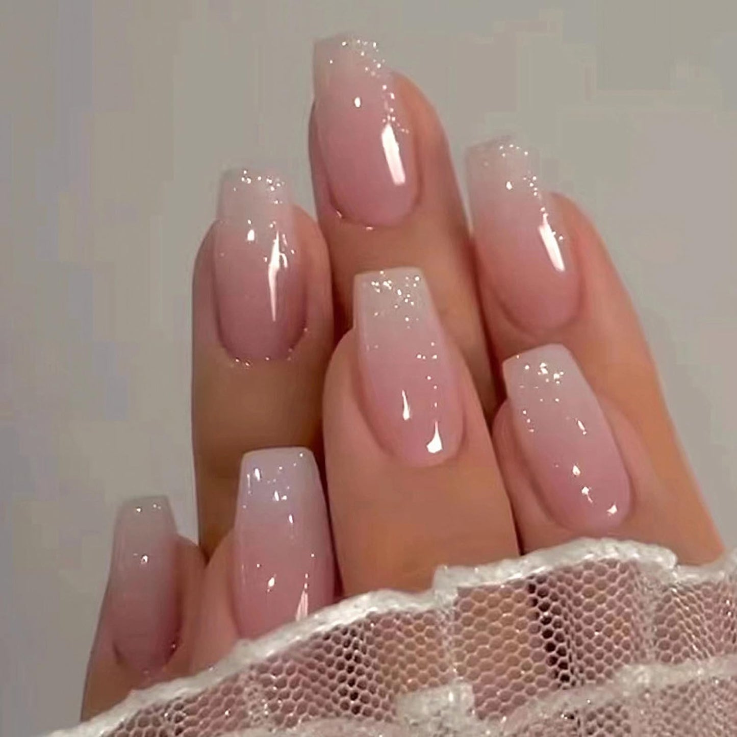 MISUD Press on Nails - Long Coffin Fake Nails with Pink White Ombre, Acrylic Bling Glitter Design 24 pcs