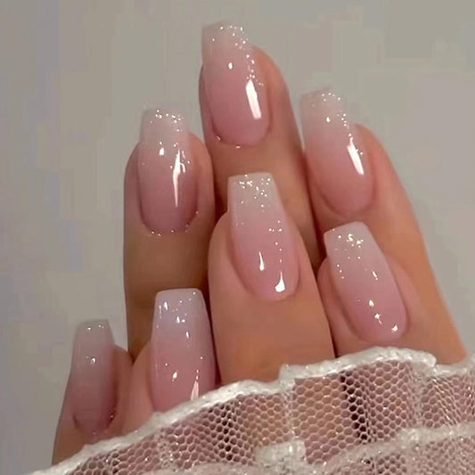MISUD Press on Nails - Long Coffin Fake Nails with Pink White Ombre, Acrylic Bling Glitter Design 24 pcs