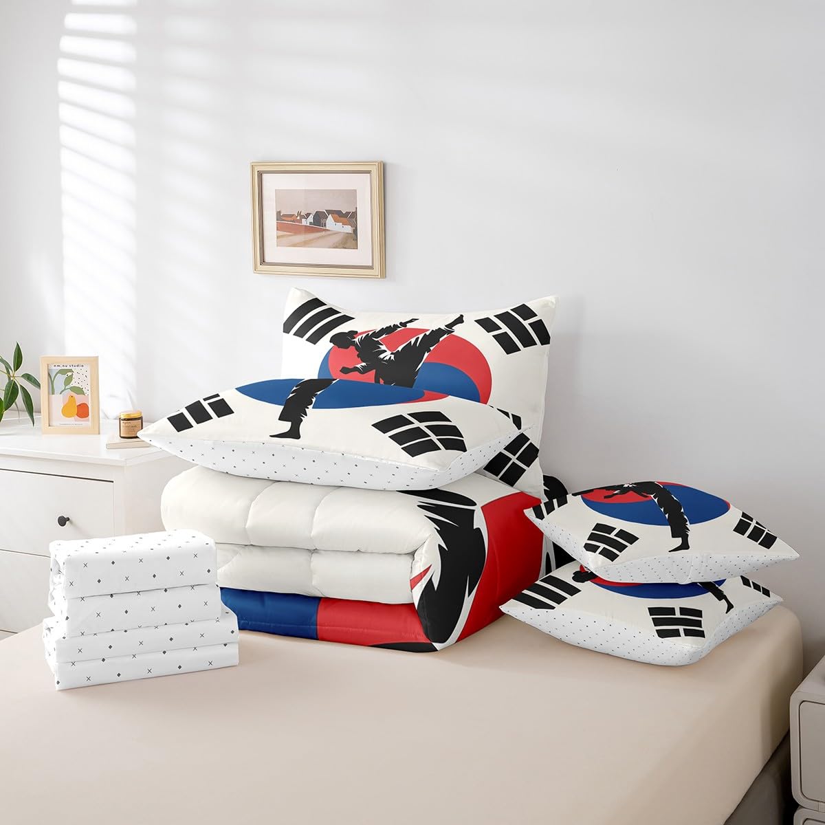 Feelyou Kids Taekwondo Comforter Set Full Size 7 Pieces Boys Girls Kungfu Karate Bedding Set Martial Art Korean Flag Style Bed in a Bag with Comforter, Sheets, Pillowcases & Cushion Cover
