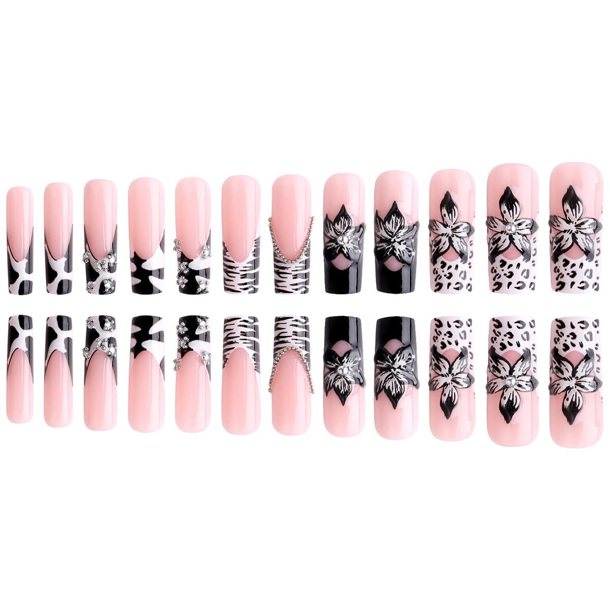 plalely Square Press on Nails Long Cow Print Fake Nail 3D Flowers Designs Acrylic Nail Press ons Sparkly Rhinestones Stick on Nails for Women 24pcs