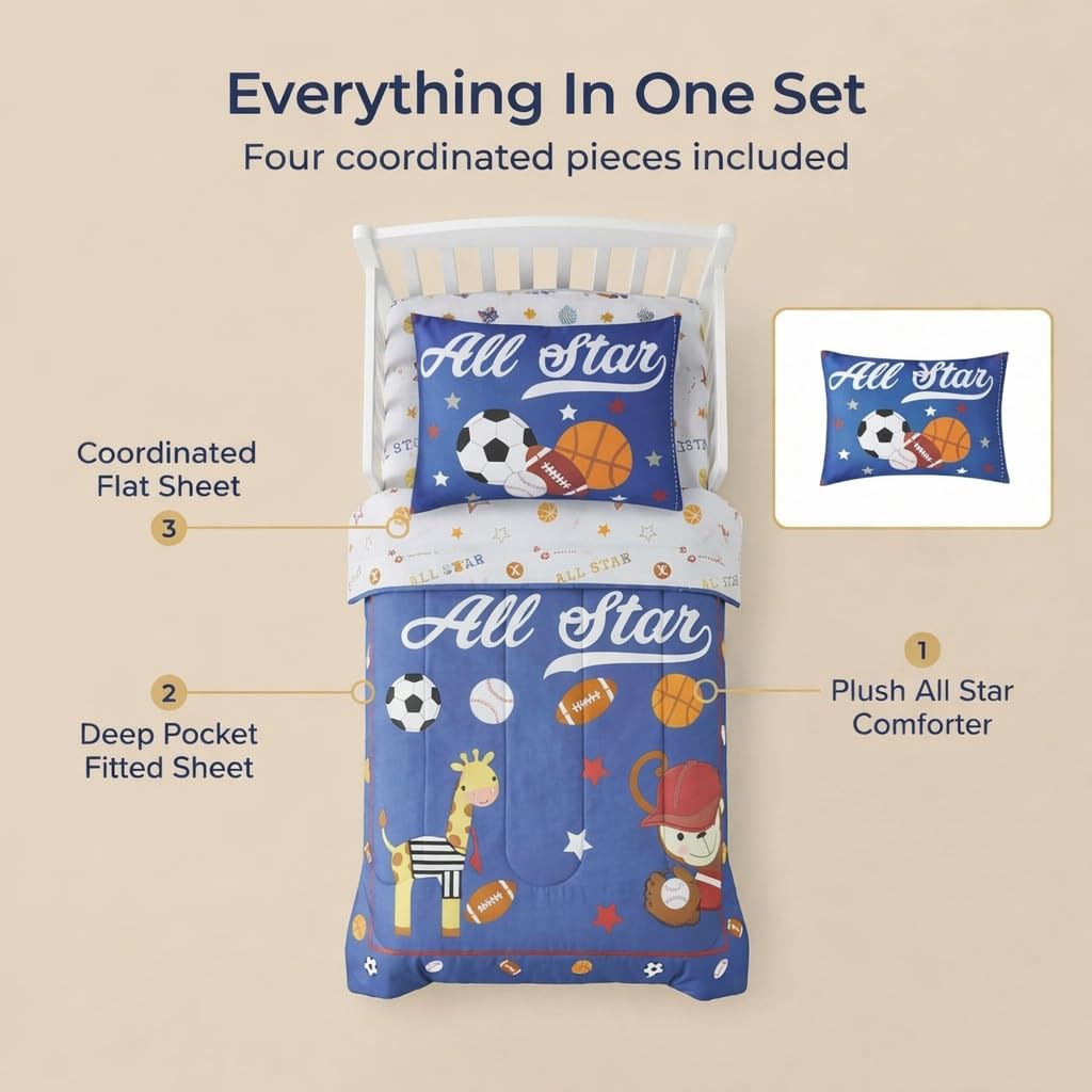 EVERYDAY KIDS 4 Piece Toddler Bedding Set - Jungle Sports - Soft 100% Cotton Percale - Includes Comforter, Flat Sheet, Fitted Sheet and Reversible Pillowcase