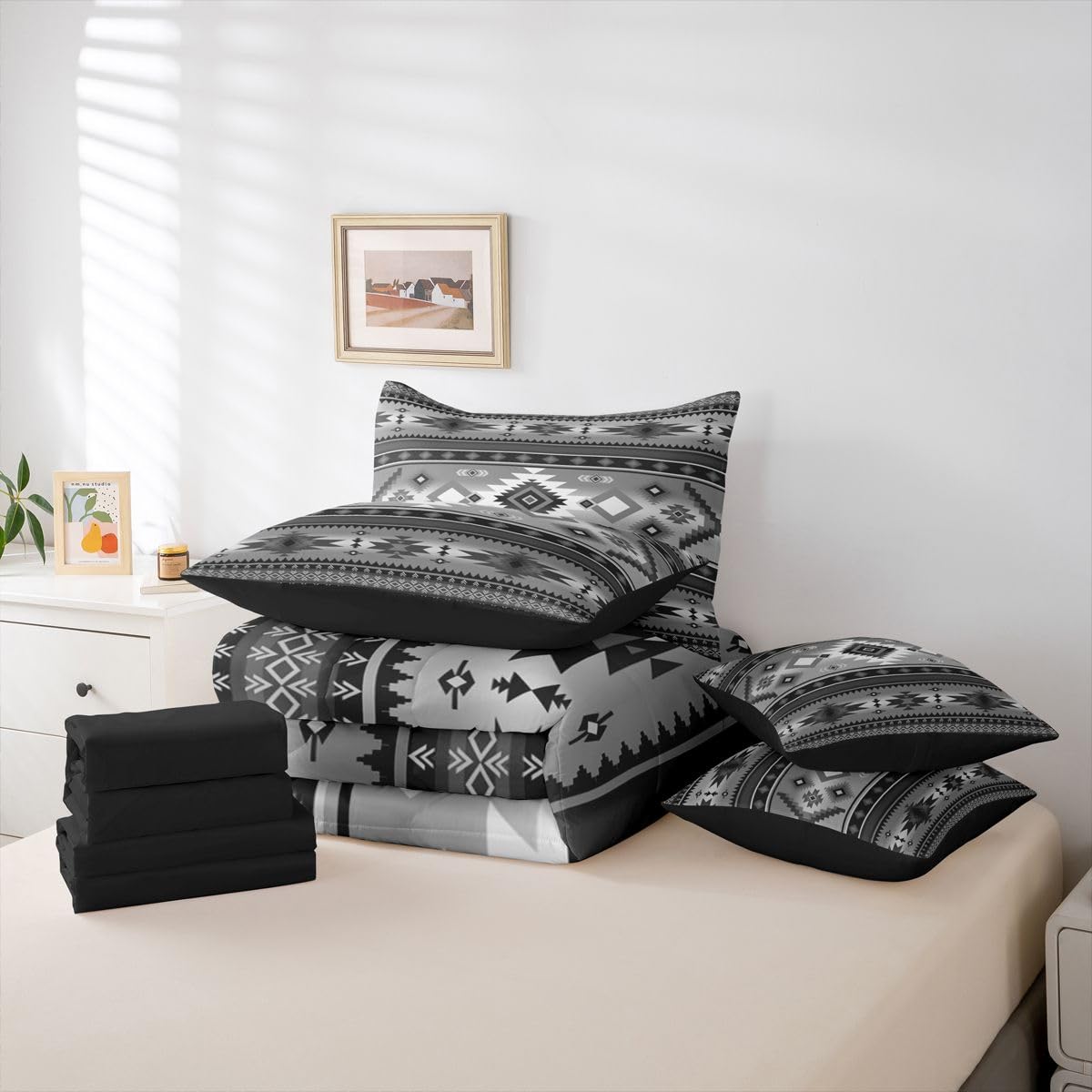 Erosebridal Cowboy Black Grey Aztec Geometric Full Comforter Set 7 Pieces | Cowgirl Farmhouse Bed in A Bag for Bedroom Tribal Southwestern Adults Bedding Set with Comforters Bohemian Room Decor
