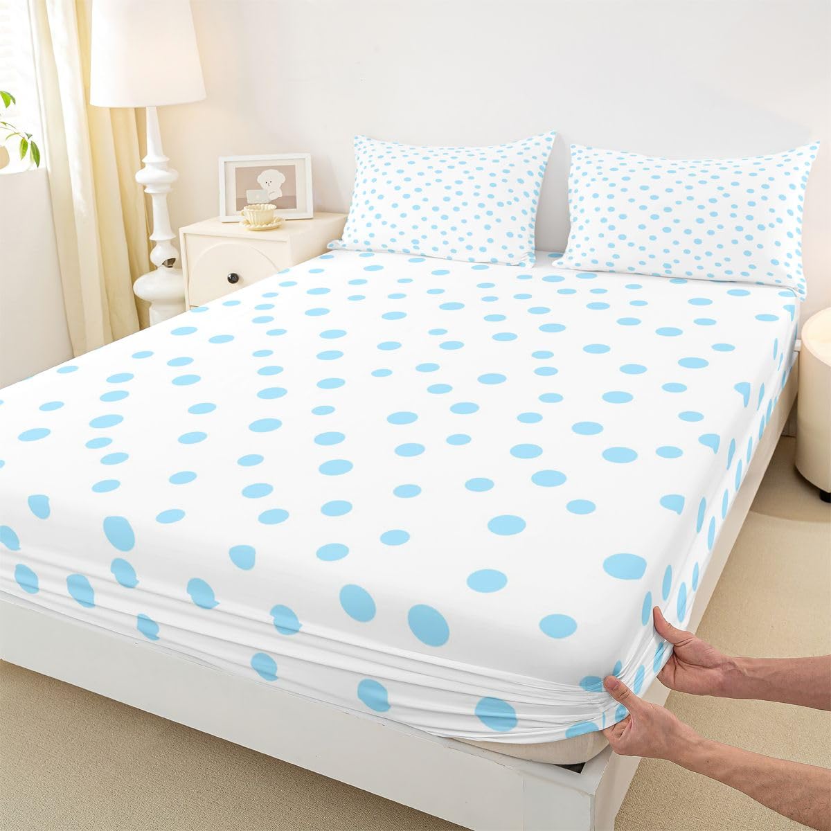 jejeloiu Polka Dots Fitted Sheet Full Size for Kids Boys Girls White Blue Bed Sheets Set 16" Deep Pocket Soft Breathable Circles Geometric Bedding with 2 Pillowcases Modern Simple Room Decor