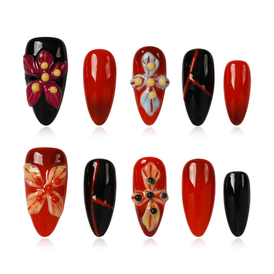 Tesytto Medium Almond Press On Nails, Red Black Gradient False Nails with 3D Embossed Colorful Flower, Reusable Glossy Y2K Fake Nails for Women & Girls (Crimson Flame,M)