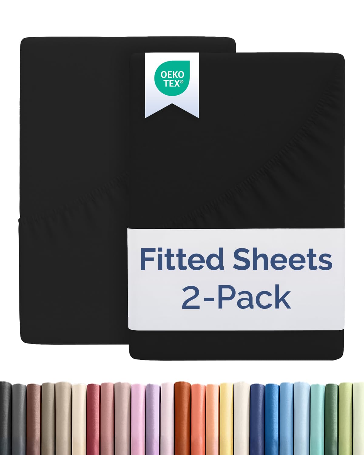 Full Size Fitted Bed Sheet - Pack of 2 Single Fitted Bottom Sheet Only - Fits Mattress Up to 16" Deep Pockets - Extra Soft, Breathable & Cooling - Hotel Quality, Fade, Shrink & Wrinkle Free - Black