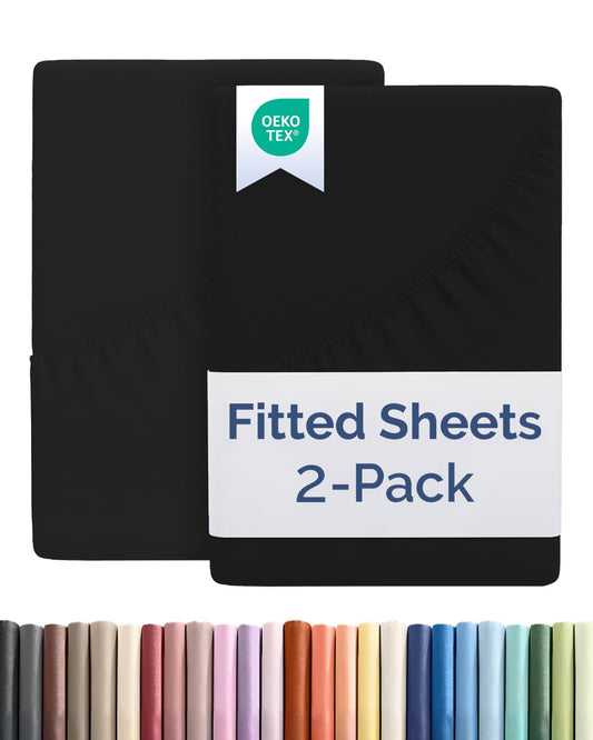 Full Size Fitted Bed Sheet - Pack of 2 Single Fitted Bottom Sheet Only - Fits Mattress Up to 16" Deep Pockets - Extra Soft, Breathable & Cooling - Hotel Quality, Fade, Shrink & Wrinkle Free - Black